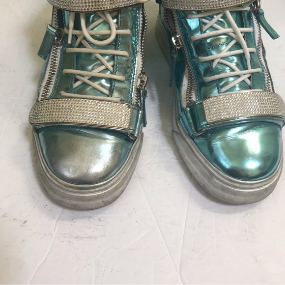 Giuseppe Zanotti Donna Metallic Patent Leather High Top Sneakers Shoes Crystals - Picture 13 of 17